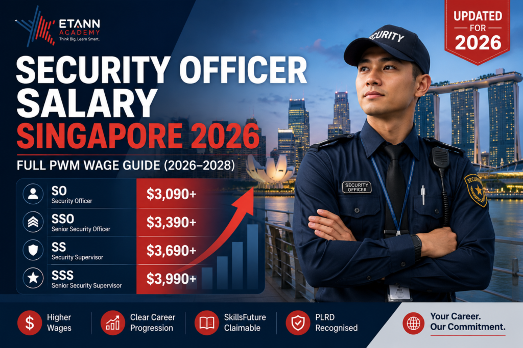Security Officer Salary Singapore 2026 PWM Wage Guide showing salary progression from Security Officer to Senior Security Supervisor with Singapore skyline background and professional security officer.
