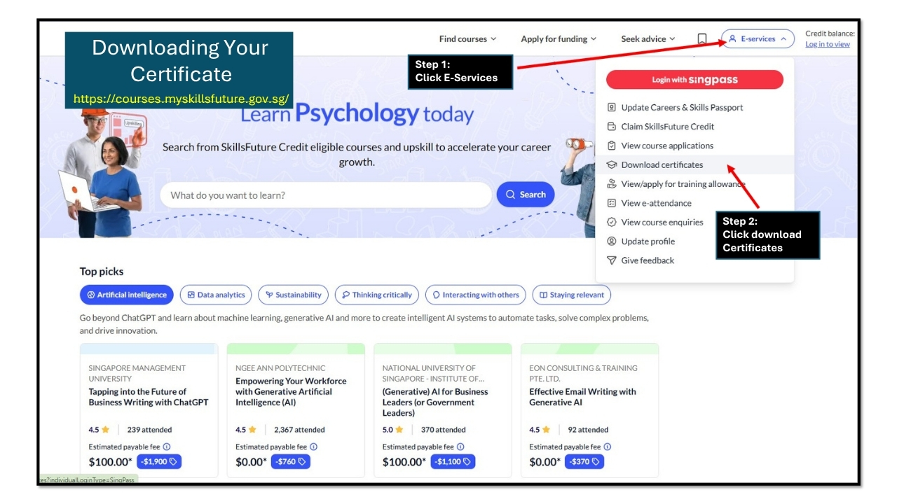 MySkillsFuture course portal homepage showing E-services button at top right with dropdown menu open