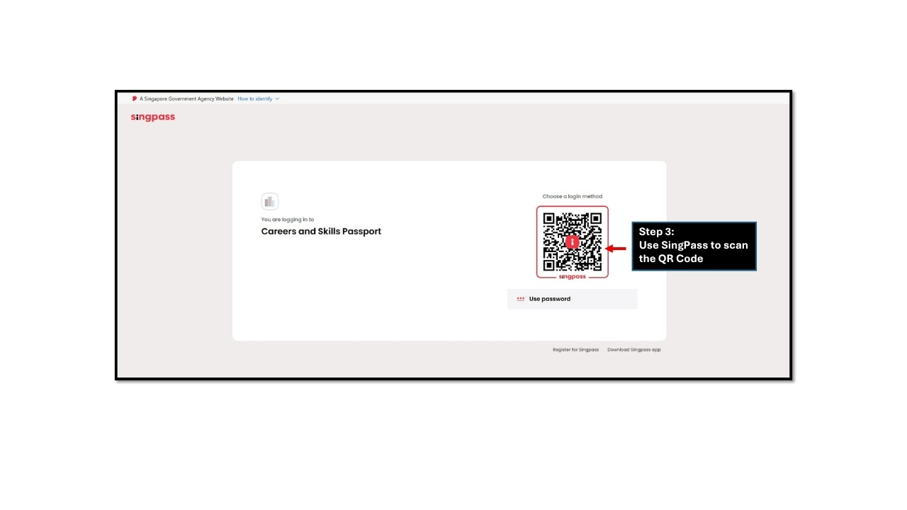 Singpass login screen showing QR code to scan with Singpass app to access Careers and Skills Passport