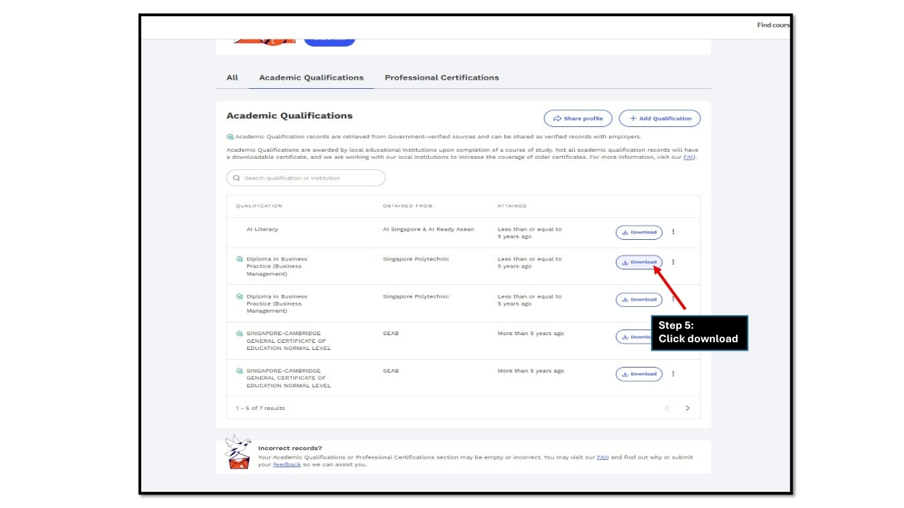MySkillsFuture profile dropdown open after login showing Download certificates option with red arrow