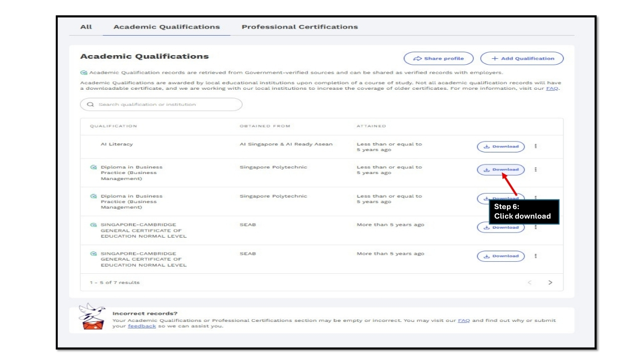 MySkillsFuture Careers and Skills Passport showing Academic Qualifications list with Download button highlighted