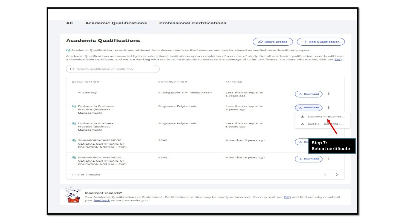 Qualifications list showing second Download button highlighted with red arrow to confirm certificate selection