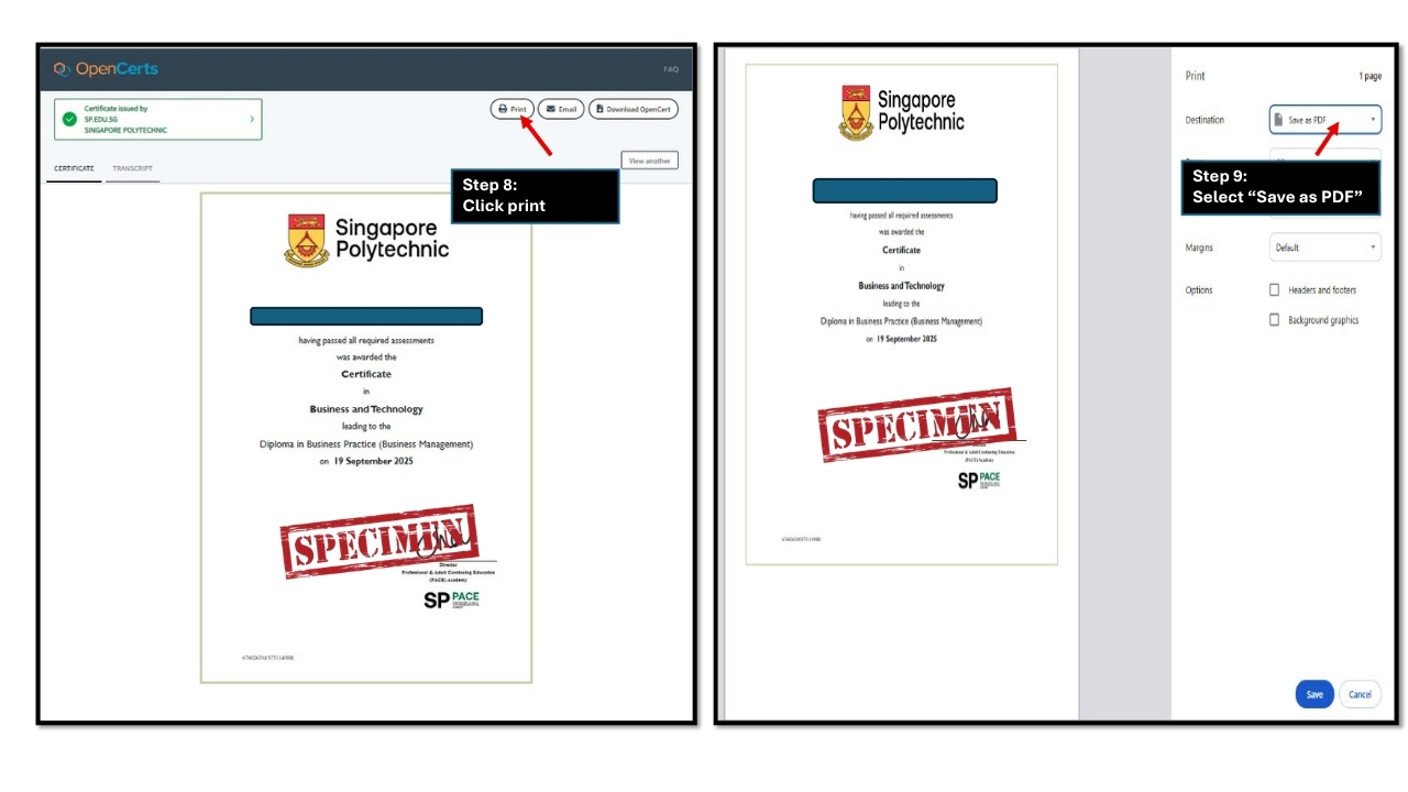 Certificate name dropdown showing specific certificate options to select before opening in OpenCerts