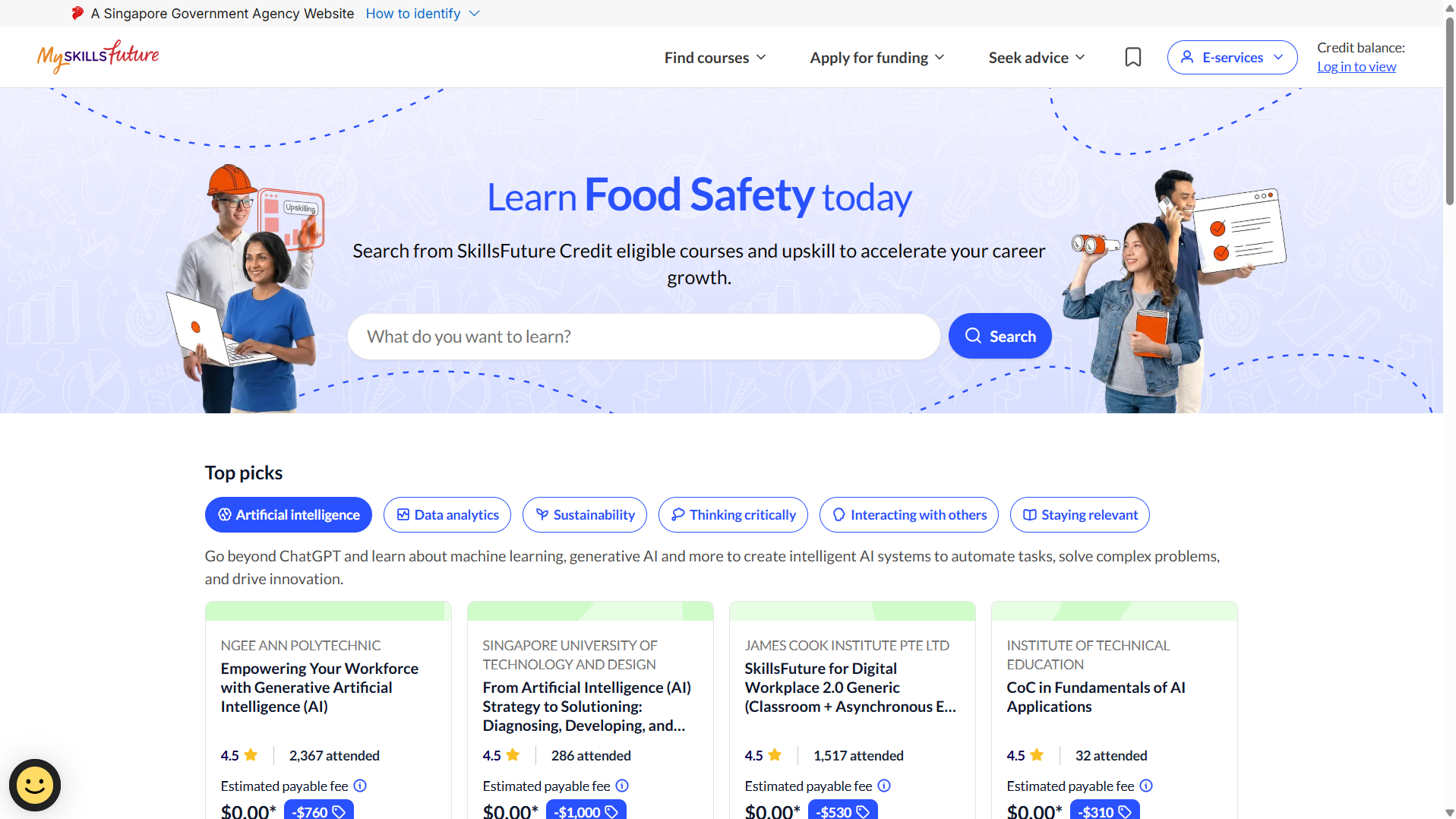 MySkillsFuture course portal homepage showing Find courses, Apply for funding and E-services navigation with search bar