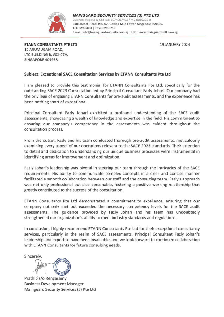 Testimonial letter from Mainguard Security Services, 19 January 2024