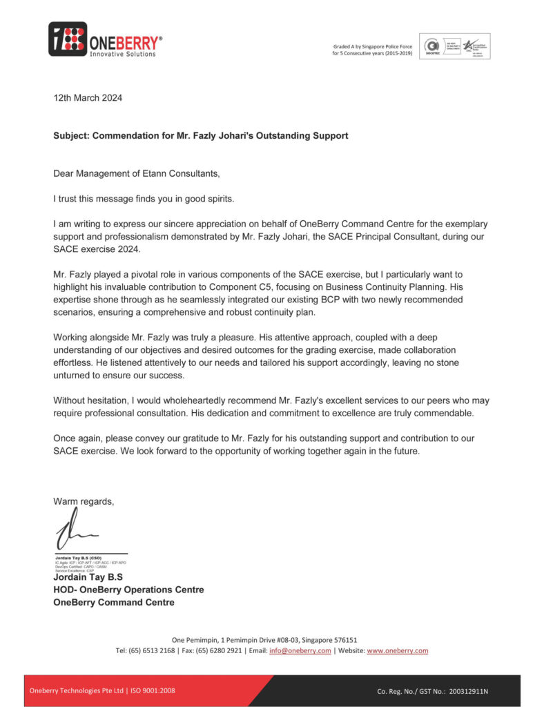 Commendation letter from OneBerry Command Centre, 12 March 2024